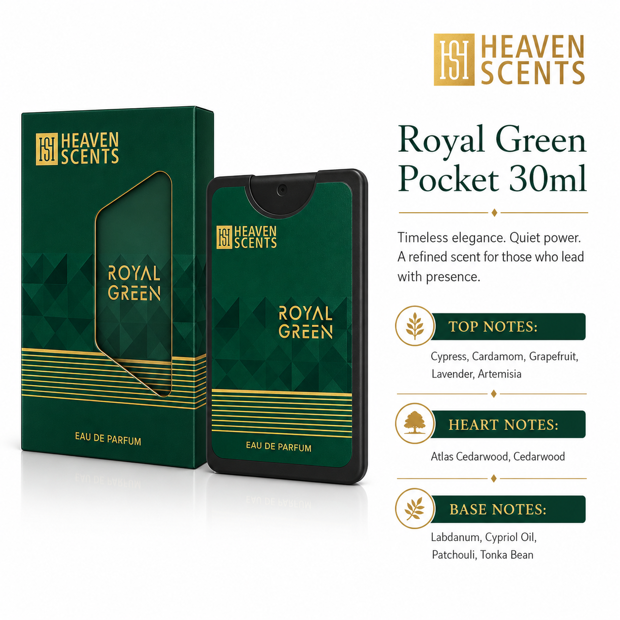 Royal Green 30ml pocket perfume by Heaven Scents, cedar and cardamom notes
