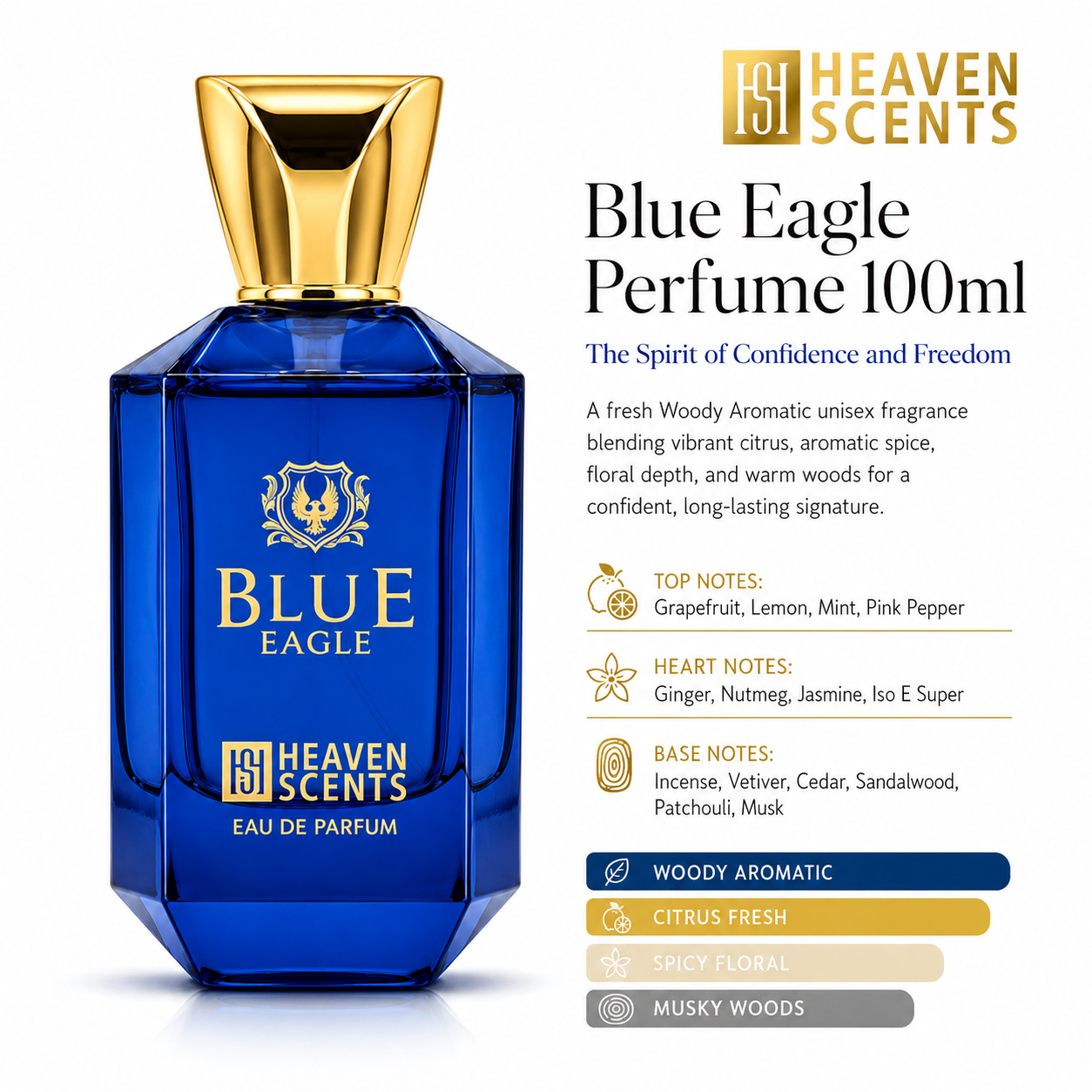 Blue Eagle perfume bottle with gold cap on a white background, featuring Heaven Scents branding.