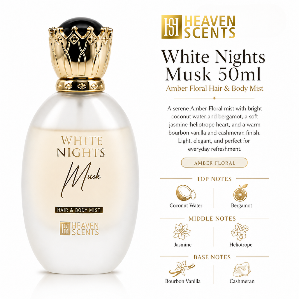 White Nights Musk 50ml body mist by Heaven Scents, amber floral fragrance
