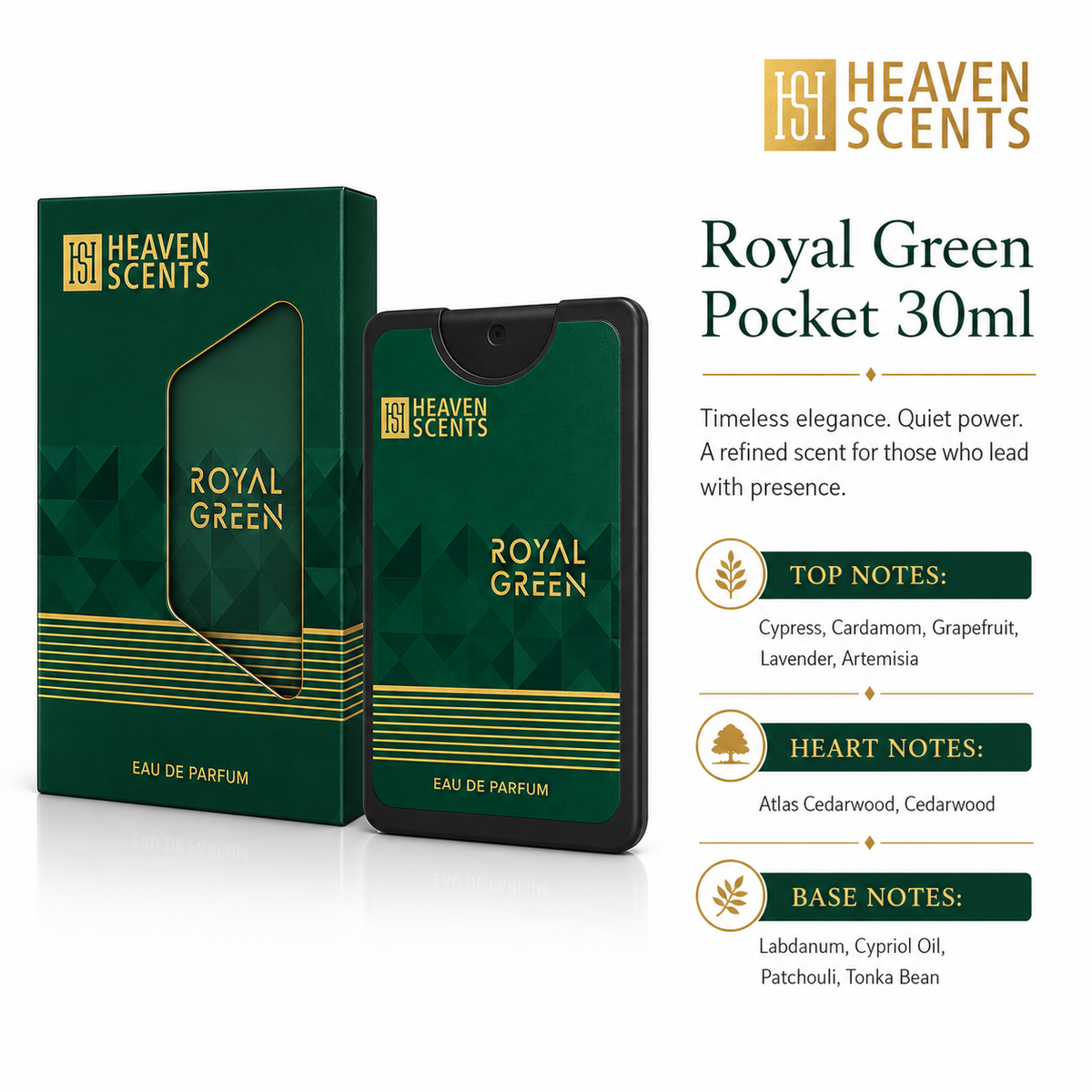 Royal Green 30ml pocket perfume by Heaven Scents, cedar and cardamom notes