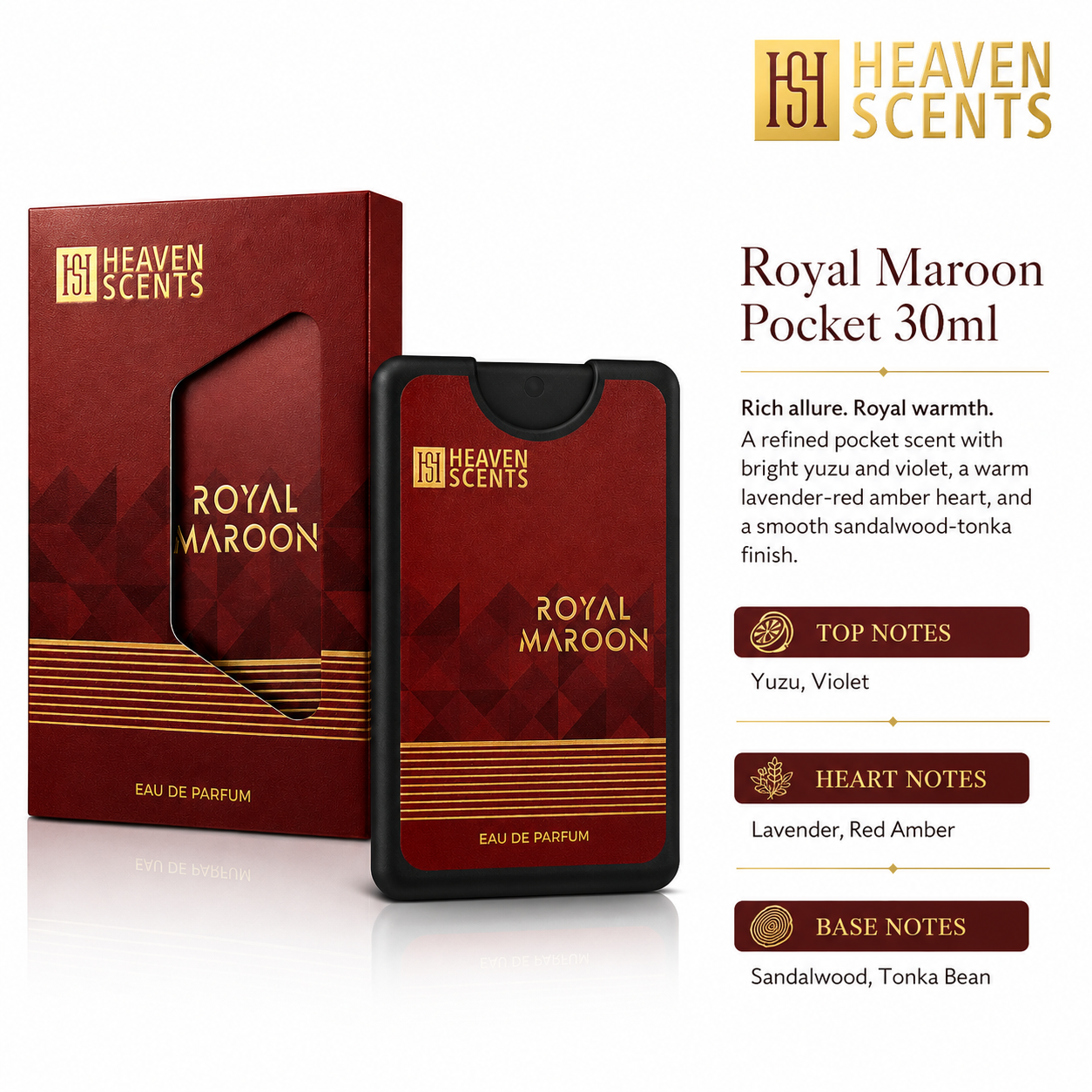 Royal Maroon 30ml pocket perfume by Heaven Scents, rich warm scent