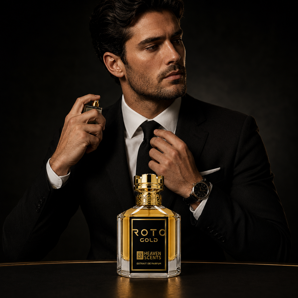 Man in a suit with a Roto Gold perfume bottle on a dark background