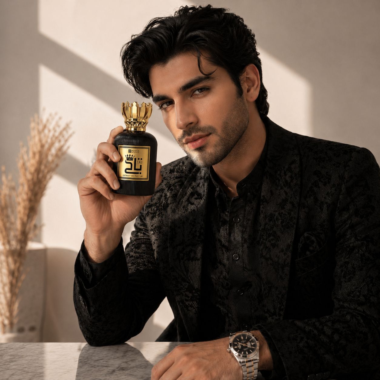 Man holding Taj Perfume bottle in a well-lit room.