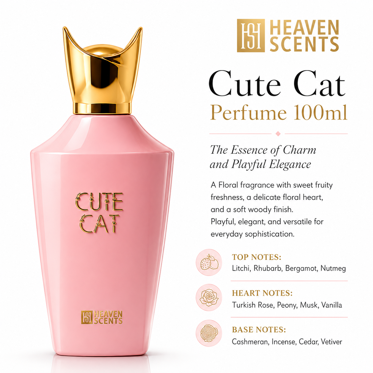 Cute Cat Perfume 100ml by Heaven Scents, floral fragrance with rose and peony