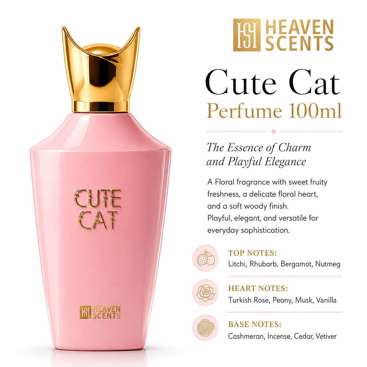 Cute Cat Perfume 100ml by Heaven Scents, floral fragrance with rose and peony