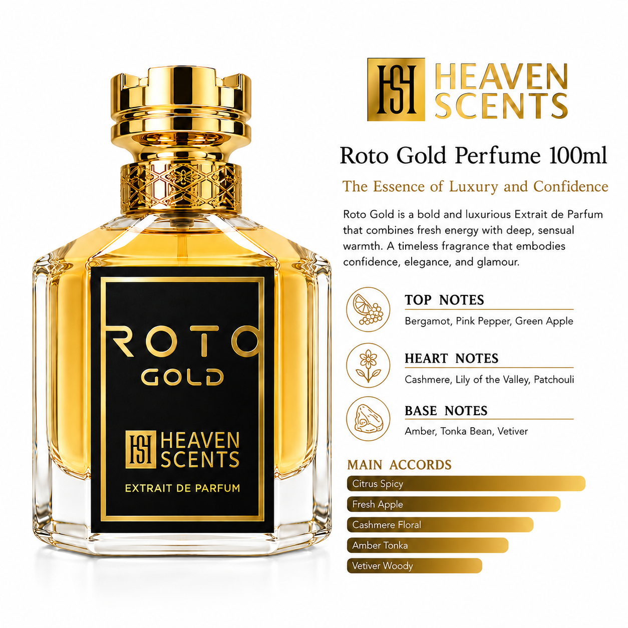 Roto Gold perfume bottle with branding and product details on a white background