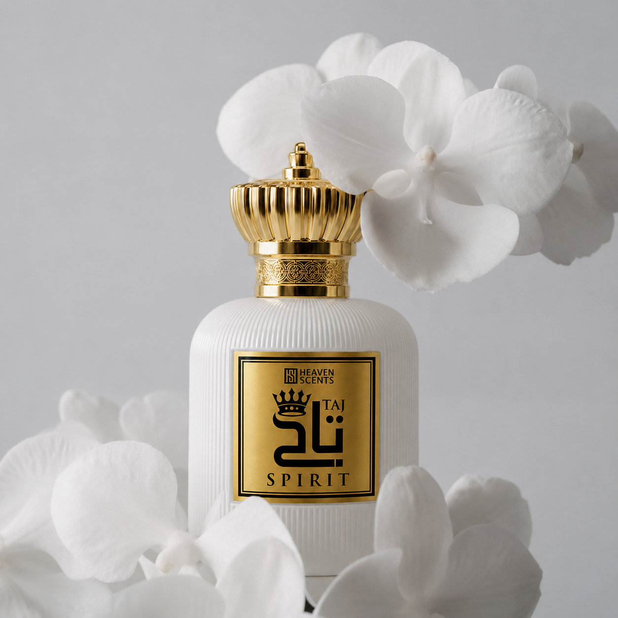 White TAJ Perfume 100ml bottle with gold cap and label, surrounded by white flowers on a light gray background