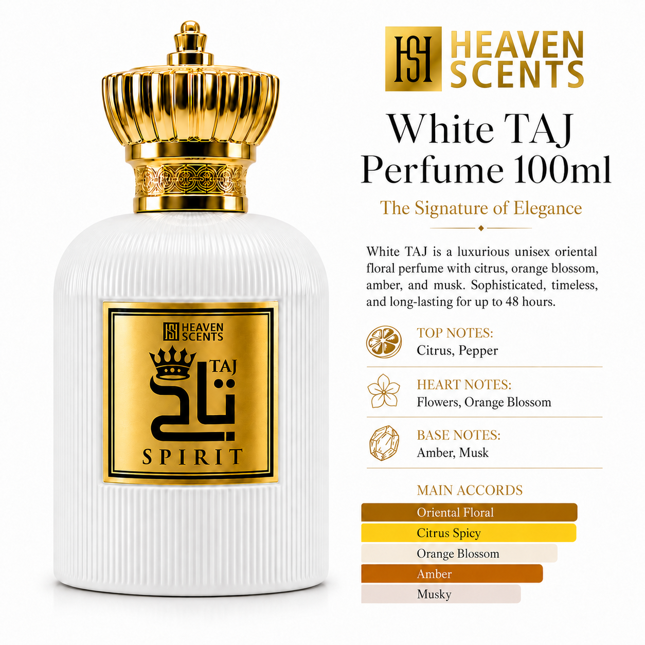 White TAJ perfume bottle with gold cap and label on a white background, featuring Heaven Scents branding.