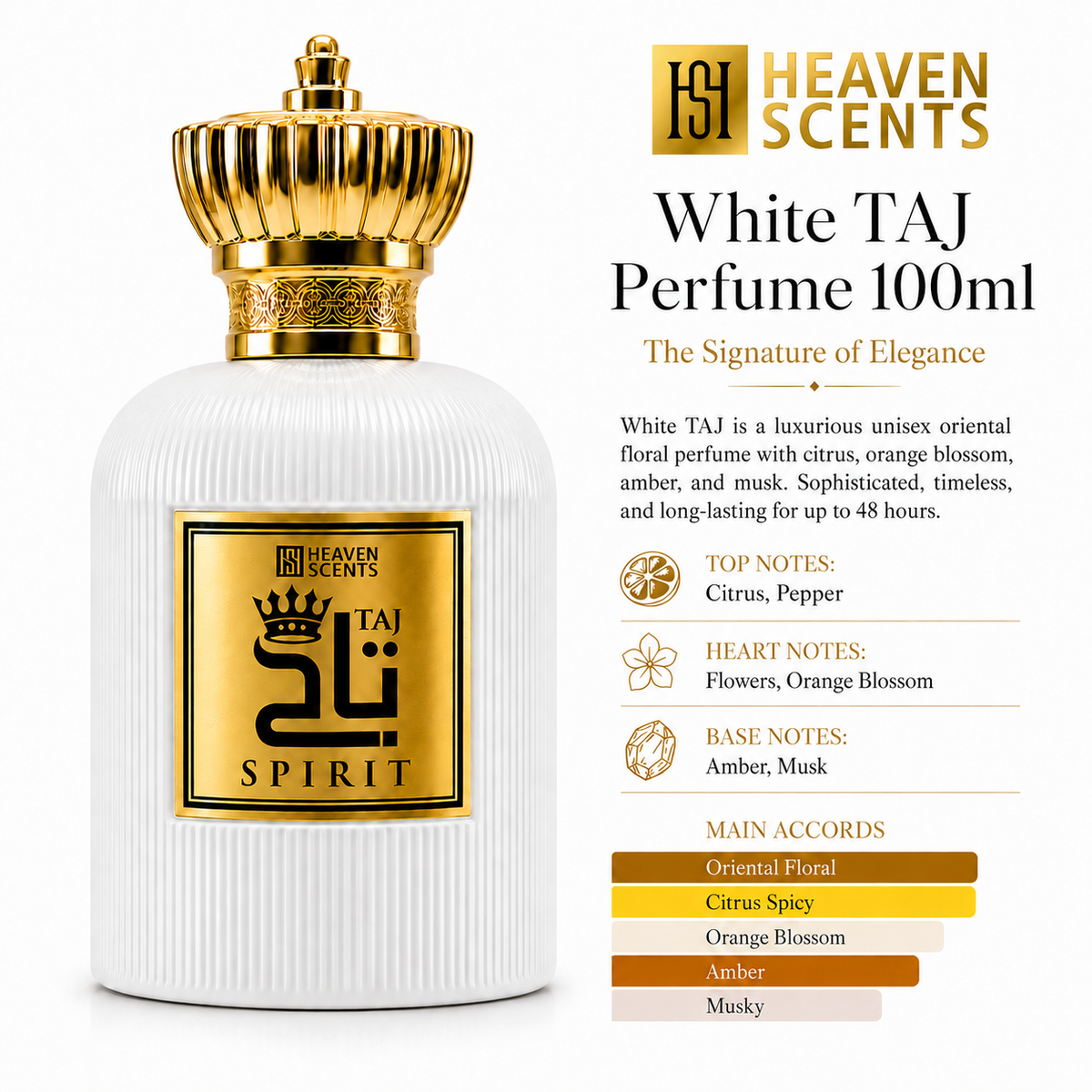 White TAJ perfume bottle with gold cap and label on a white background, featuring Heaven Scents branding.