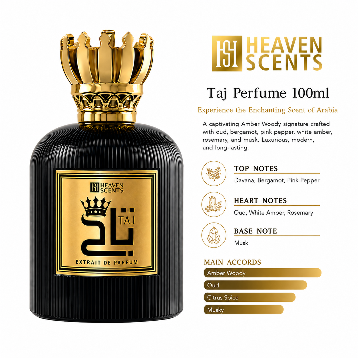 Heaven Scents Taj Perfume 100ml with gold cap and detailed description on a white background