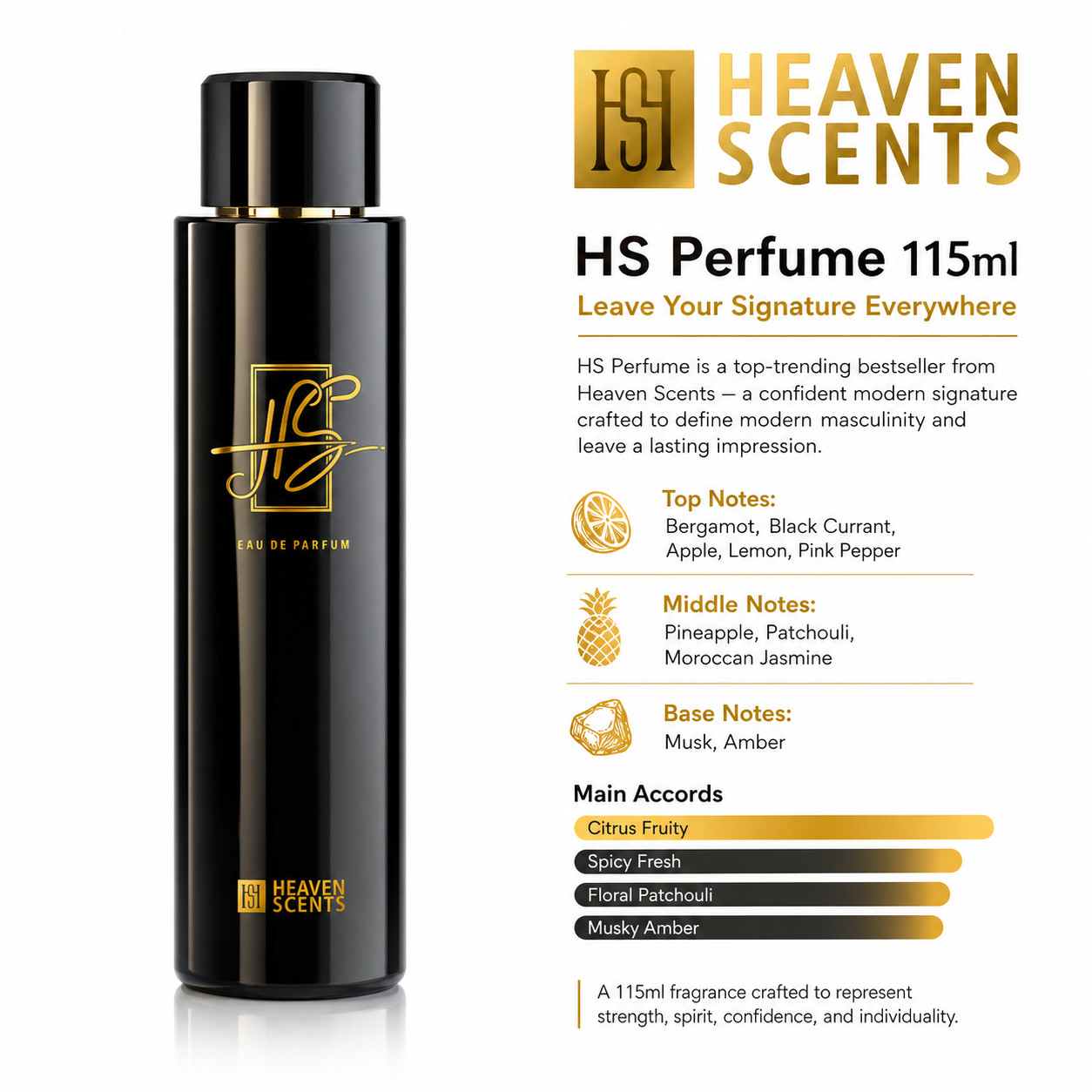 HS Perfume 115ml black eau de parfum bottle by Heaven Scents, modern bergamot and jasmine fragrance
