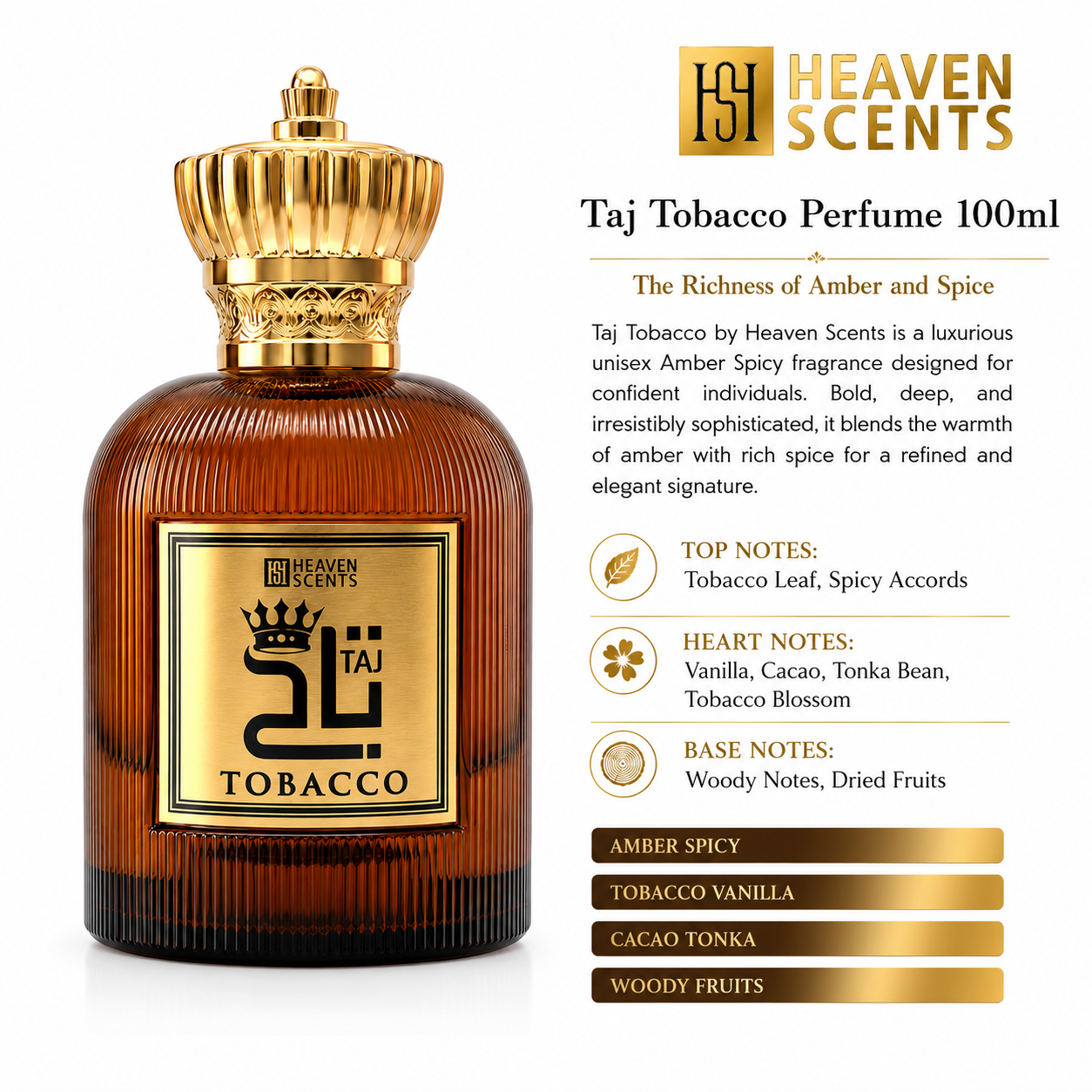 Taj Tobacco perfume bottle with brand details on a white background