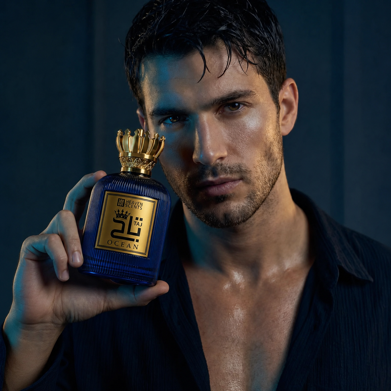 Man holding Taj Ocean Perfume 100ml bottle with gold accents against a dark background