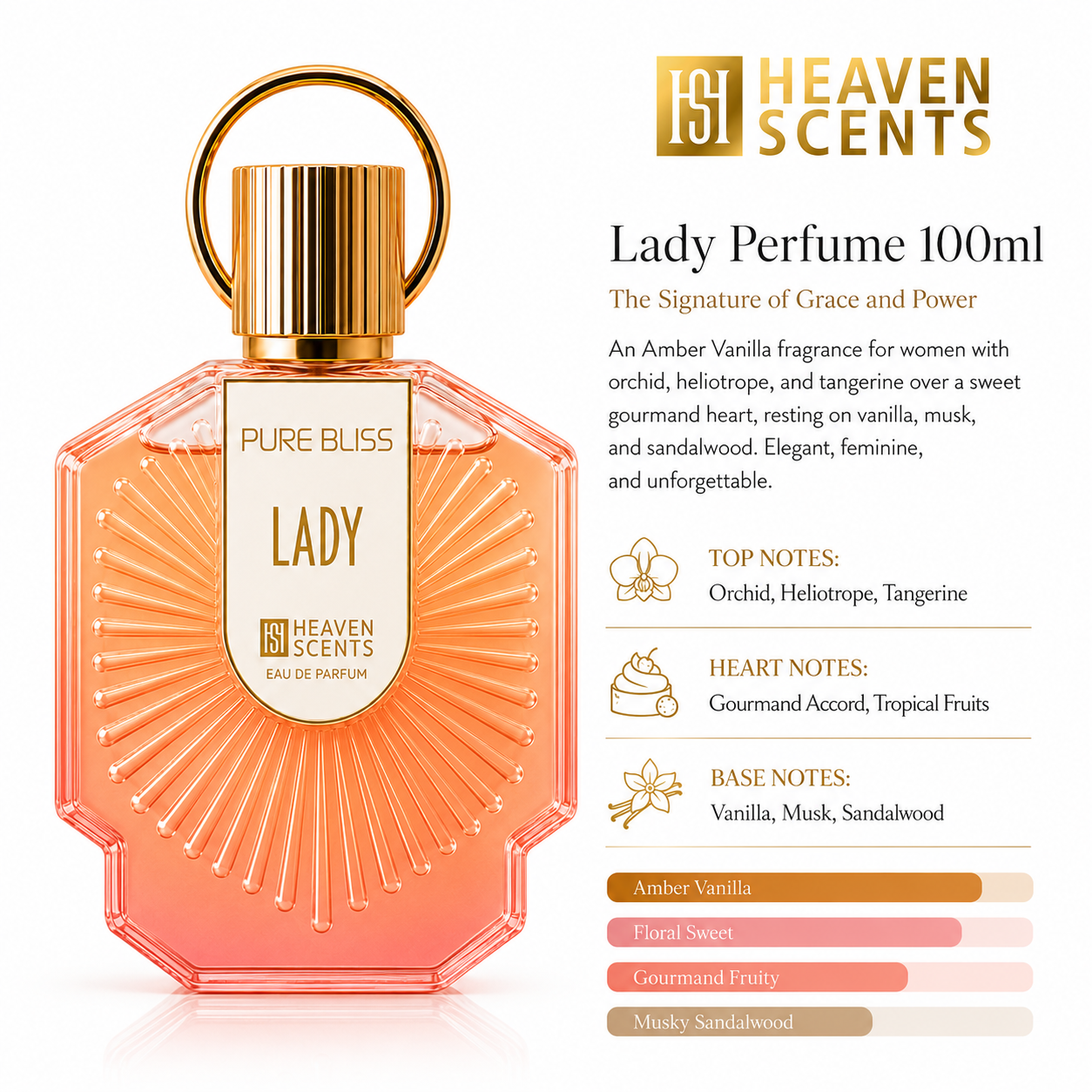 Lady Perfume 100ml bottle with 'Heaven Scents' branding and product details on a white background