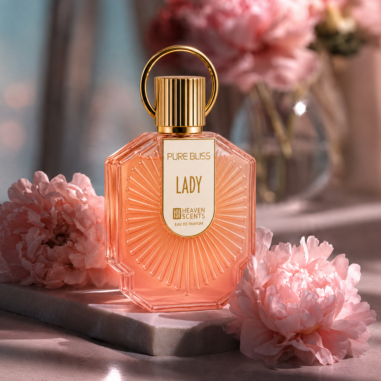 Lady Perfume 100ml Perfume bottle surrounded by pink flowers on a marble surface.