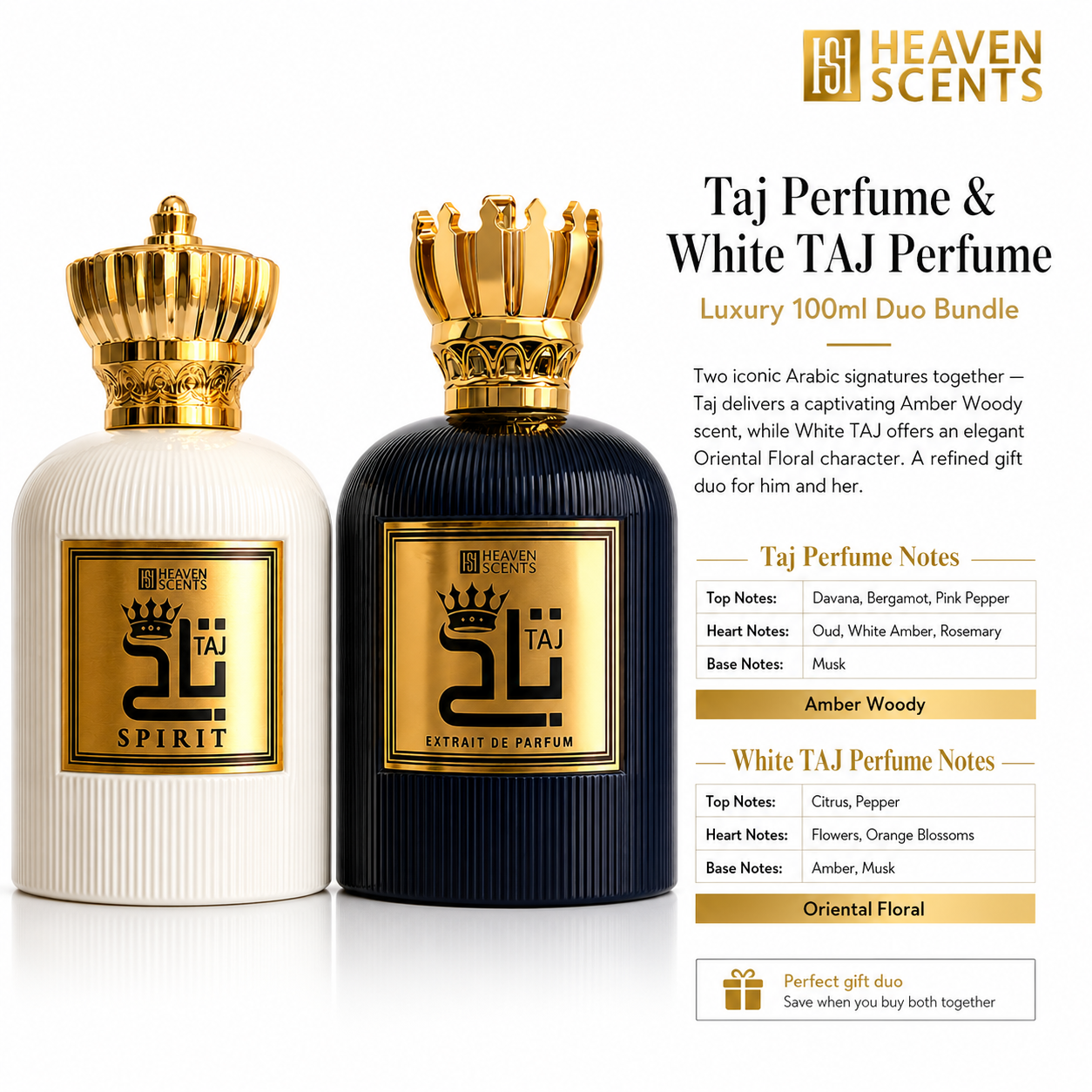 Taj and White TAJ 100ml perfume duo by Heaven Scents, oriental fragrance gift set