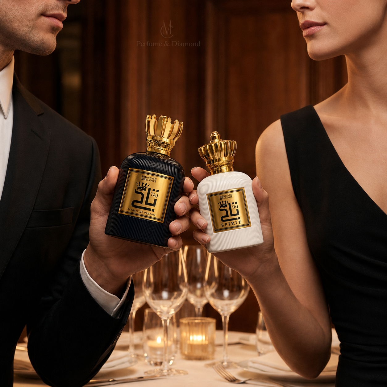Taj Perfume & White TAJ Perfume: Man and woman holding perfume bottles with a luxurious setting