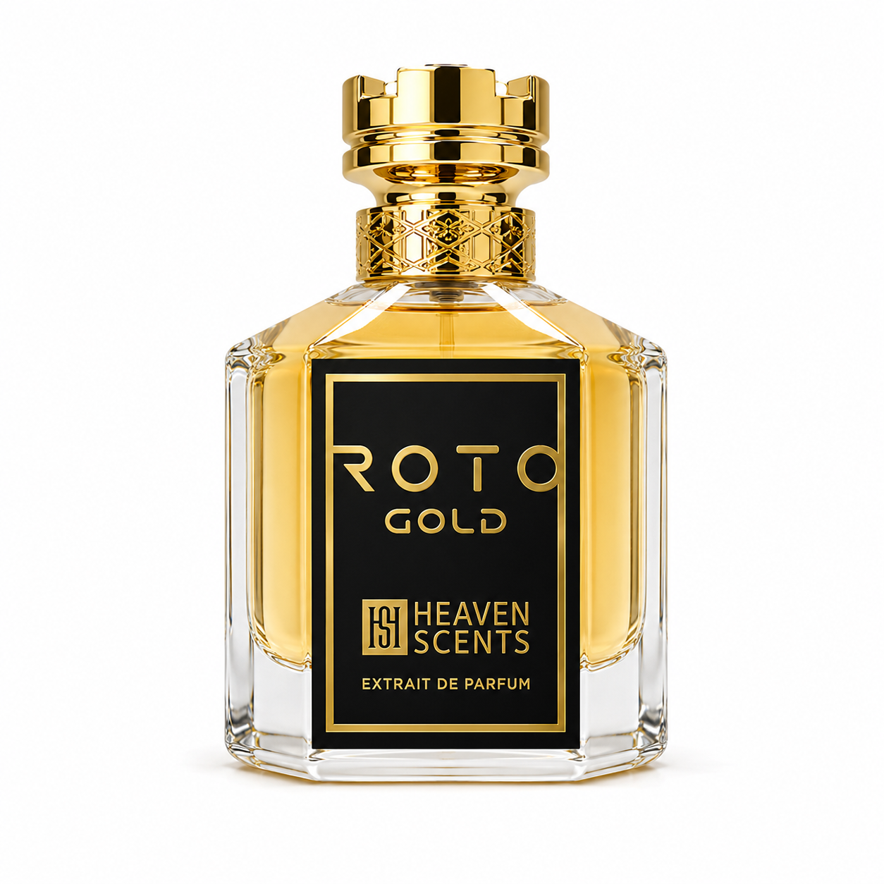 Perfume bottle labeled 'Roto Gold' by 'Heaven Scents' on a white background